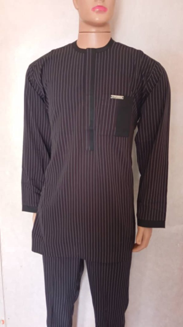 Men’s Black Pinstripe Long Sleeve Senator Wear with Chest Pocket Detail