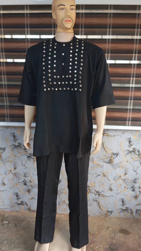 Men’s Black Traditional Senator Wear with Studded Embellishments